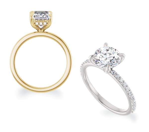 Yellow gold engagement ring with gallery accents and white metal ring with band accents