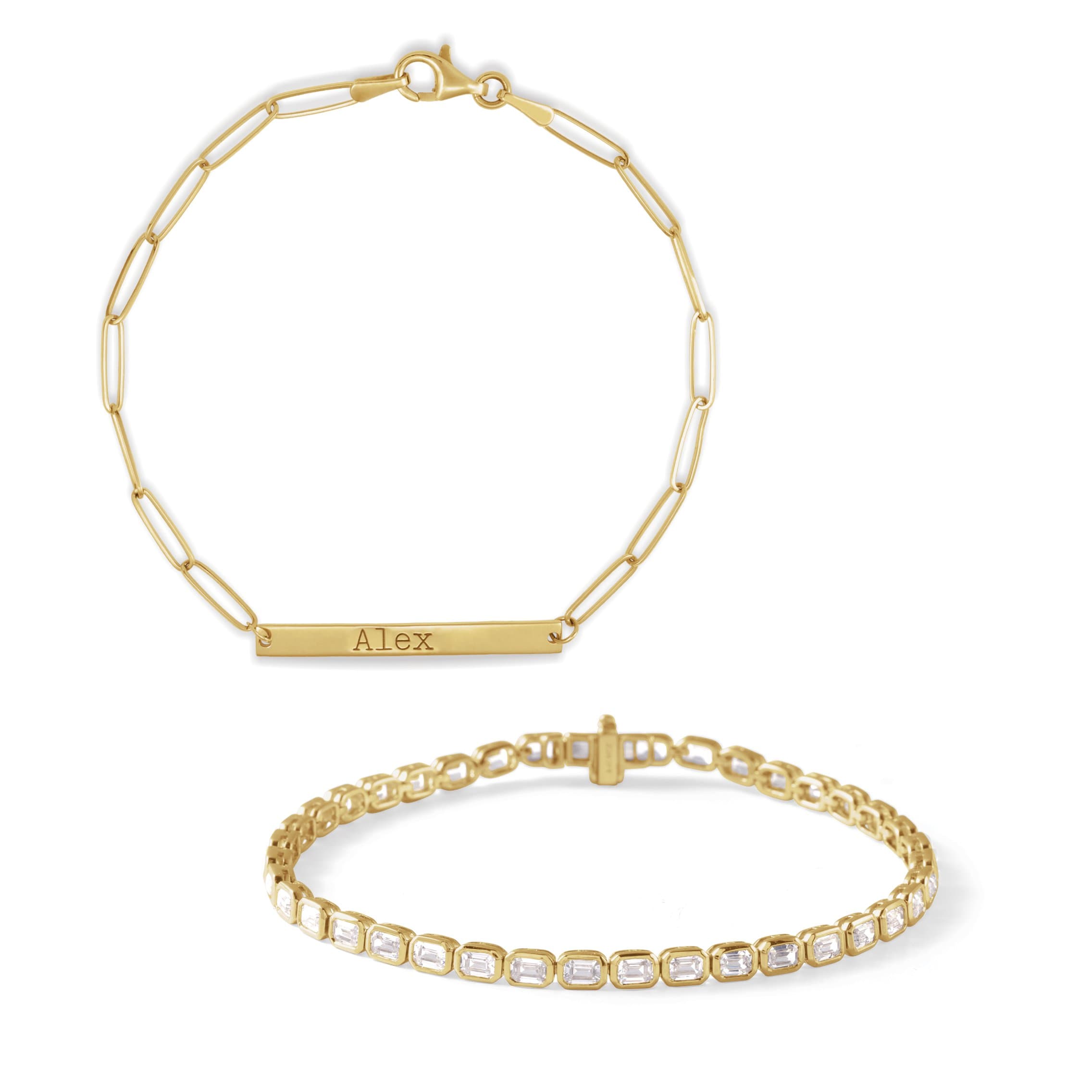 Yellow gold paperclip ID bracelet and emerald-cut stone line bracelet