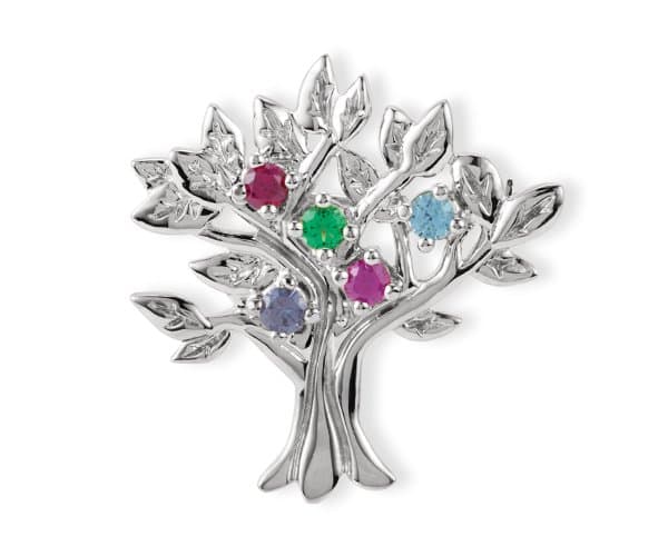 Silver-toned tree-of-life brooch with multi-colored round gemstone accents