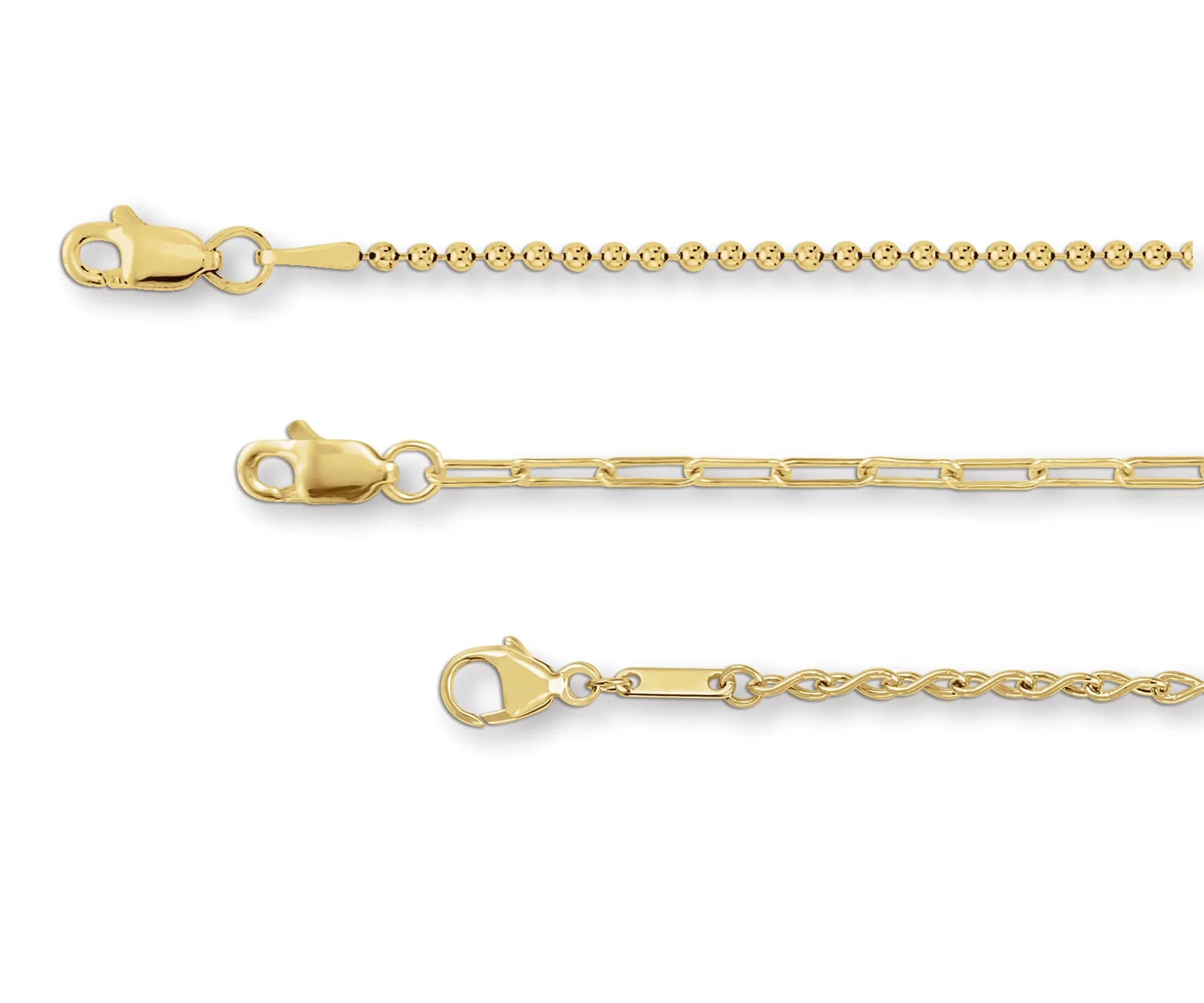 Yellow gold bead, paperclip, and rope-style chains with lobster clasps