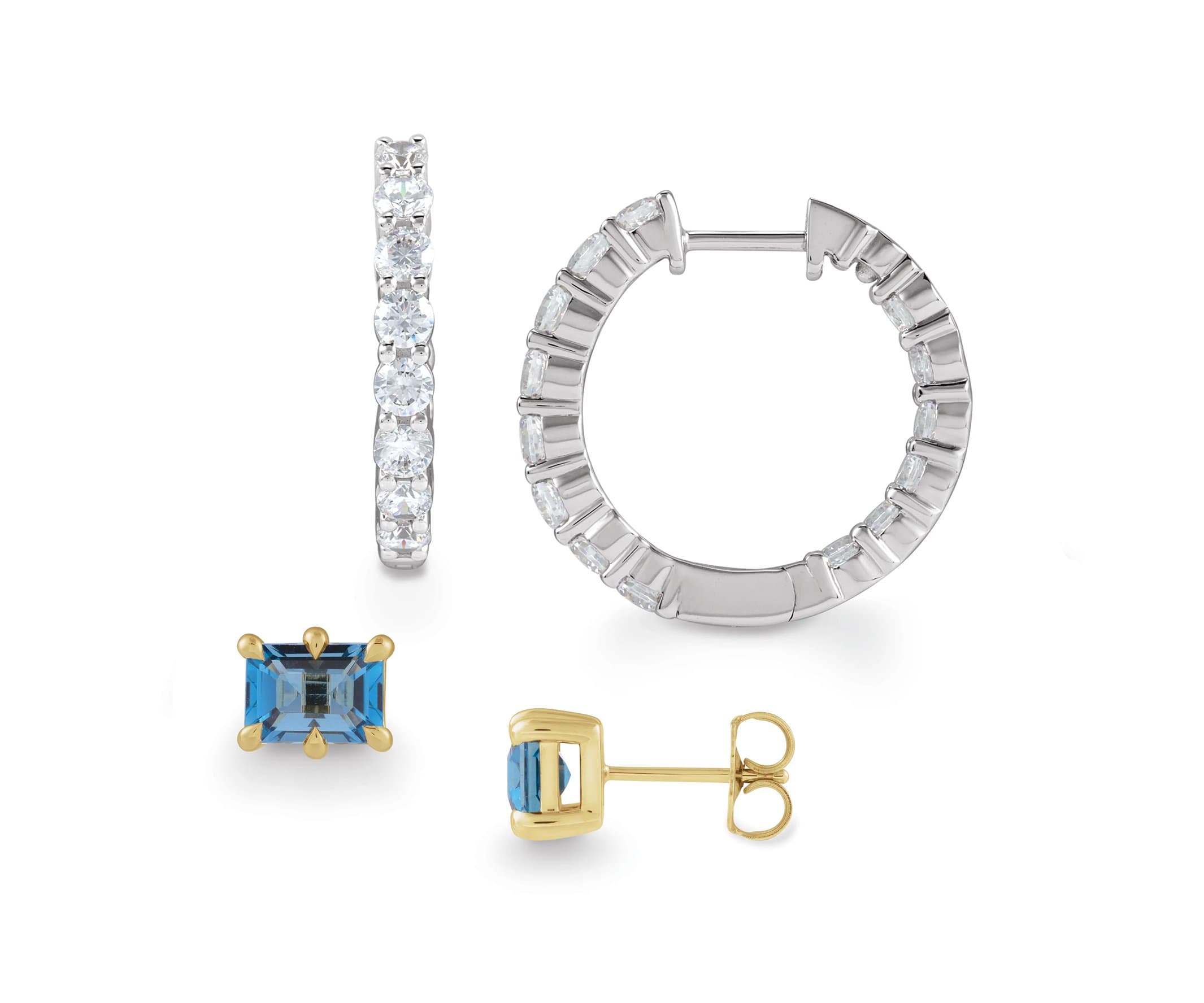 White metal diamond hoop earrings and yellow gold rectangular blue gemstone studs
