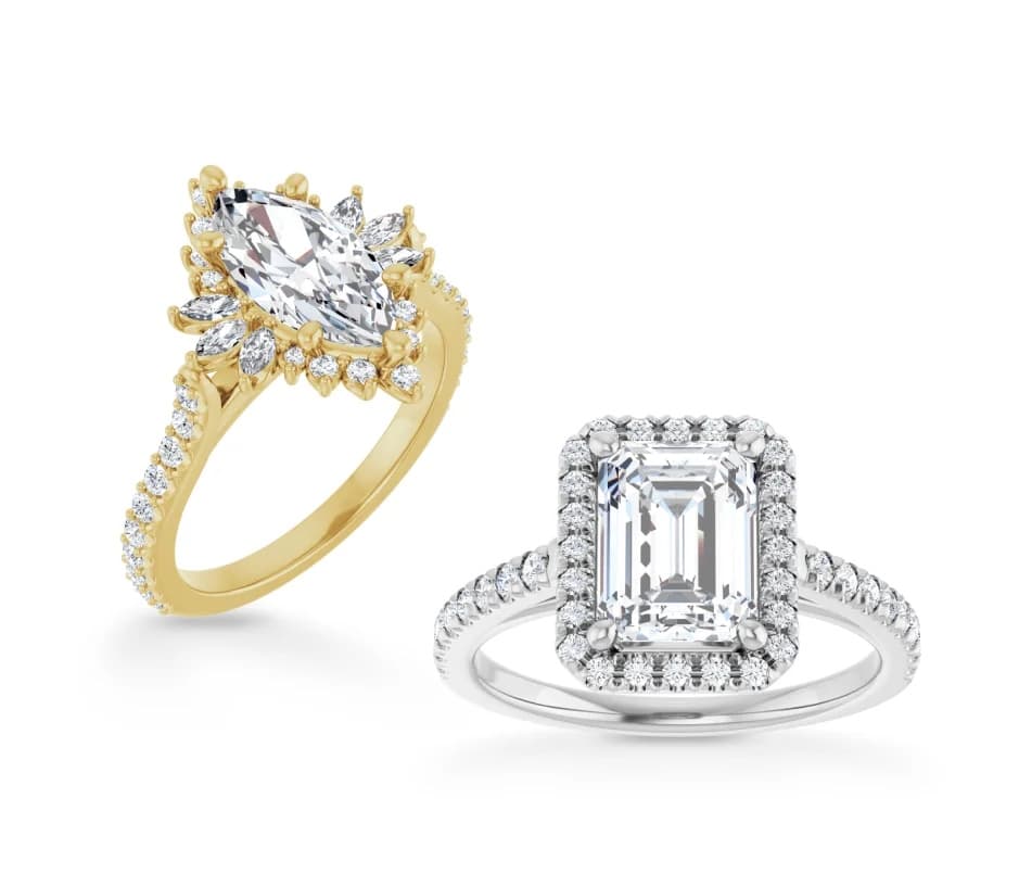 Yellow gold marquise diamond ring with sunburst halo and white metal emerald-cut diamond ring with classic halo