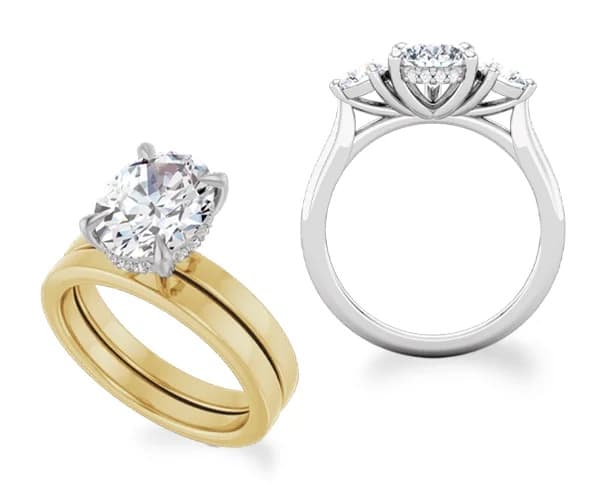 Yellow gold oval diamond ring with under-gallery hidden halo and white metal three-stone ring with side-profile hidden halo