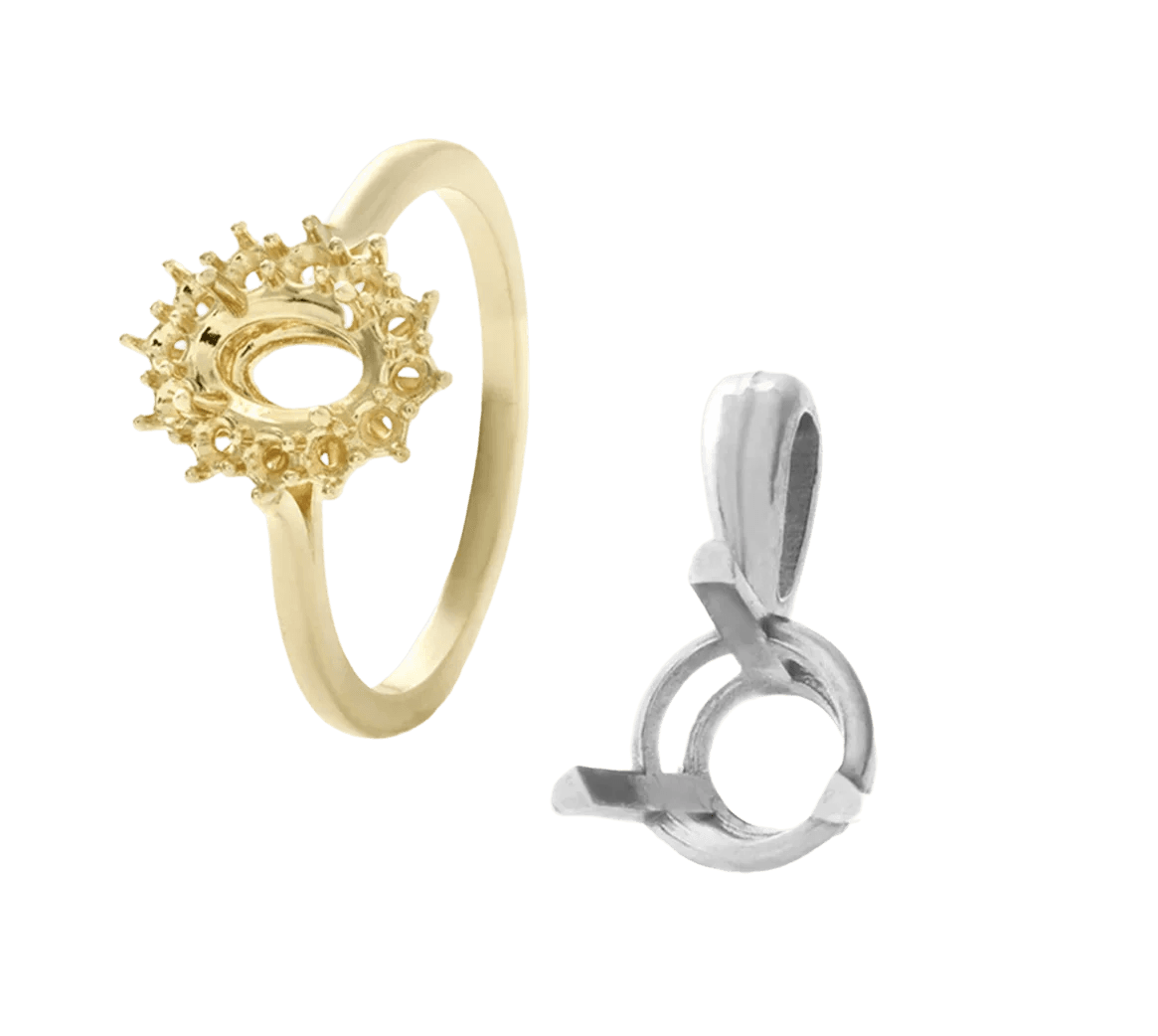 Yellow gold oval ring mounting and white metal round pendant mounting