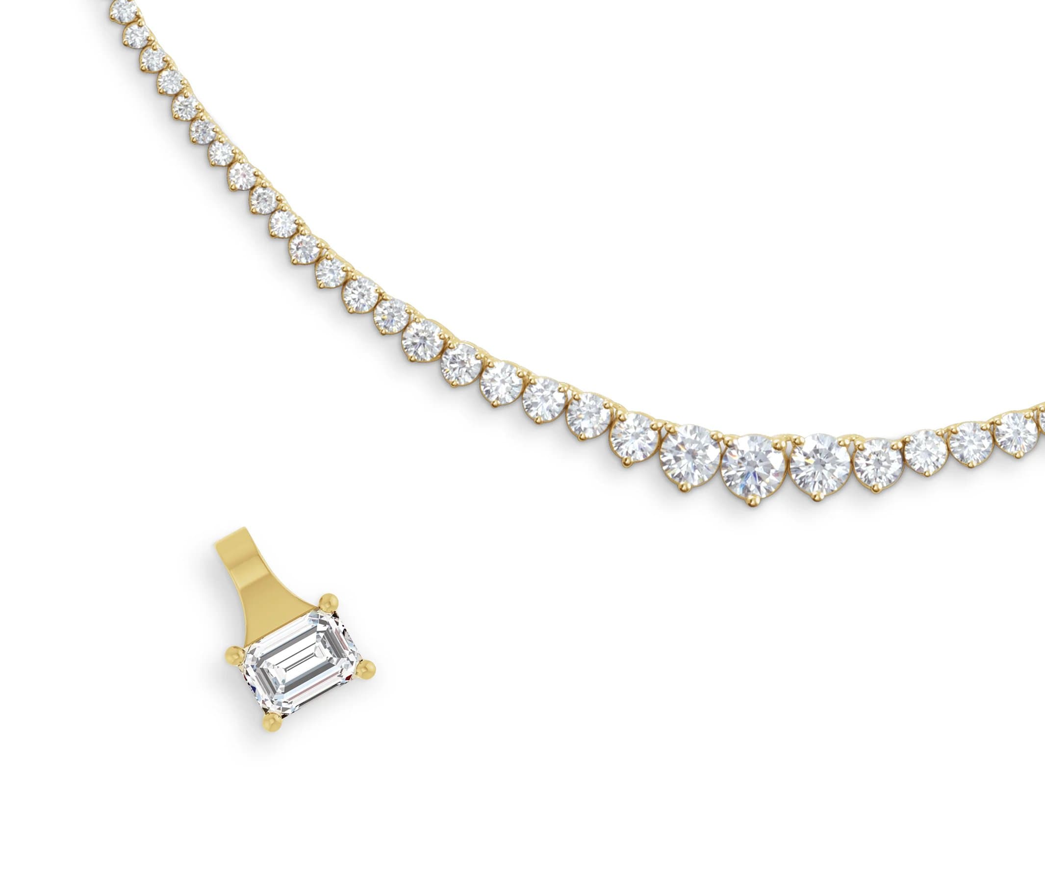 Yellow gold diamond tennis necklace and emerald-cut diamond pendant
