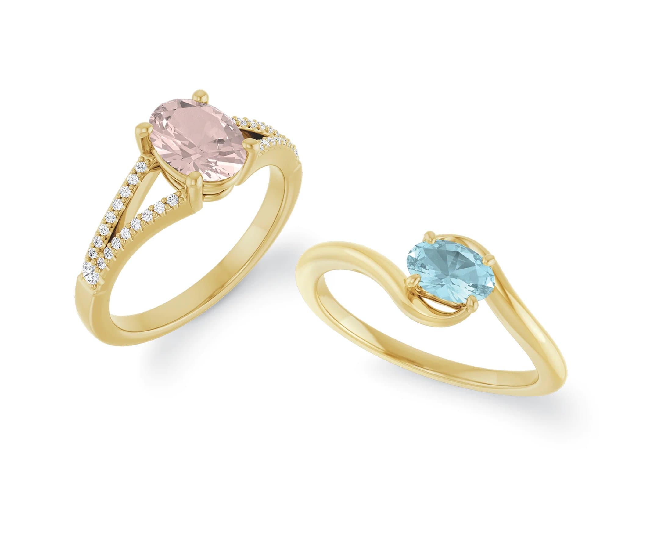 Yellow gold rings with oval pink and blue gemstones in split-shank and bypass settings