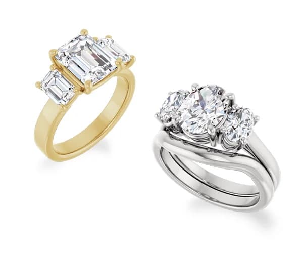 Yellow gold three emerald-cut diamond ring and white metal three oval diamond bridal set