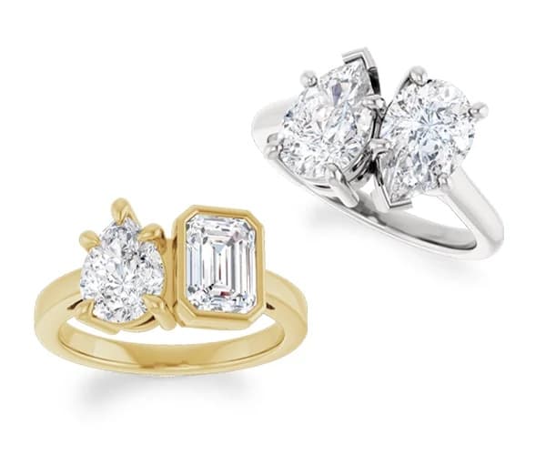 Yellow gold pear and emerald-cut two-stone ring and white metal dual pear two-stone ring