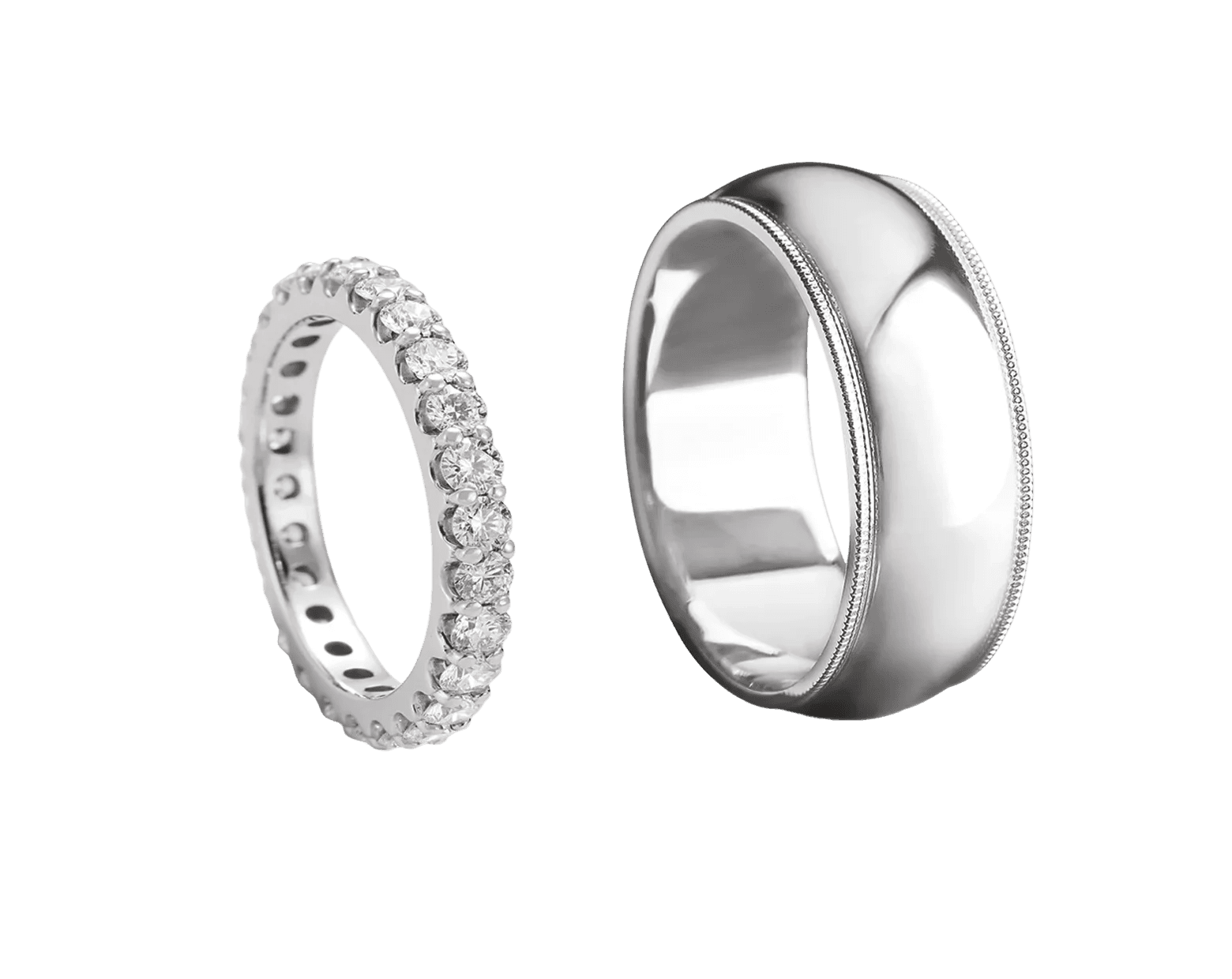 Diamond eternity band and classic milgrain wedding band