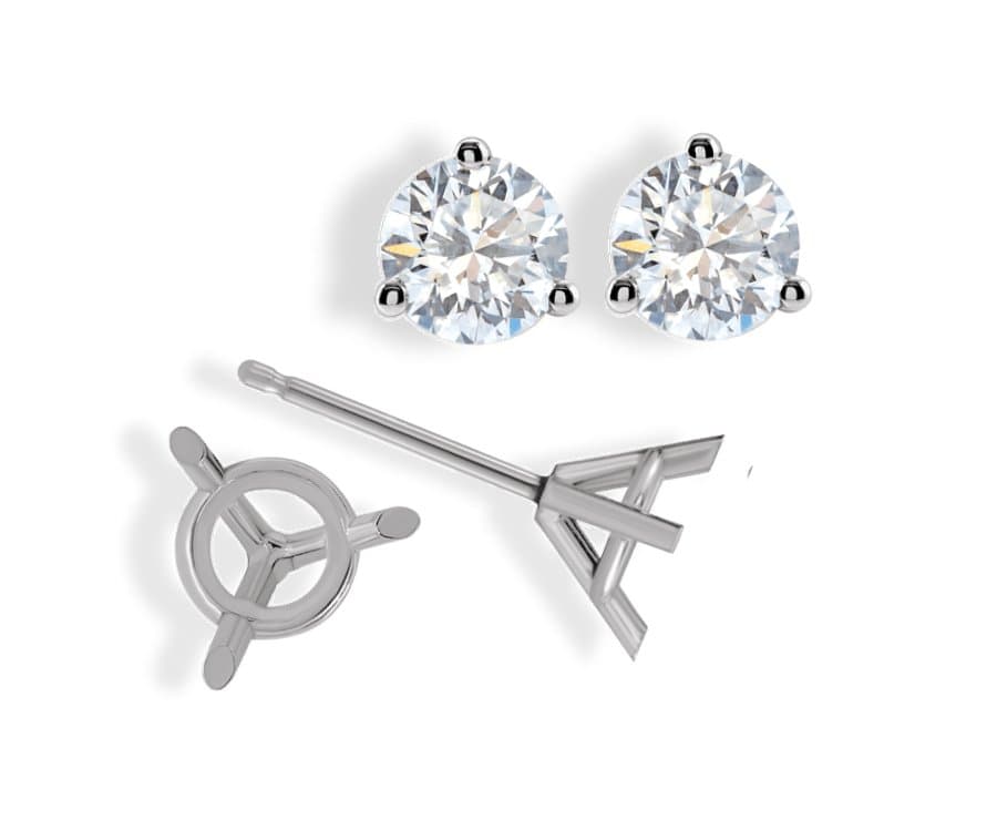 White metal diamond stud earrings and matching three-prong earring mountings