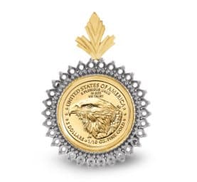 Two-tone coin frame mounting holding a United States gold eagle coin