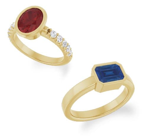 Yellow gold ring mountings with oval ruby and emerald-cut sapphire bezels