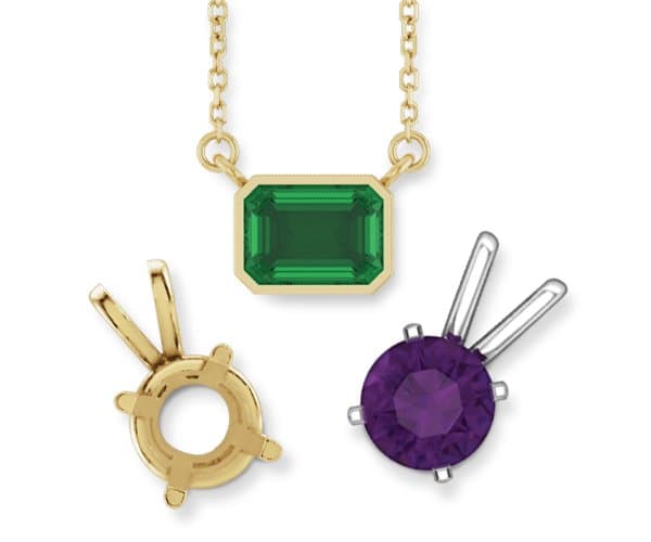 Yellow and white metal pendant mountings with emerald-cut and round gemstones